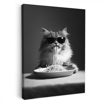 Leinwandbilder - Langhaarkatze - Sonnenbrille - Spaghetti - Humor - Schwarz - Weiß